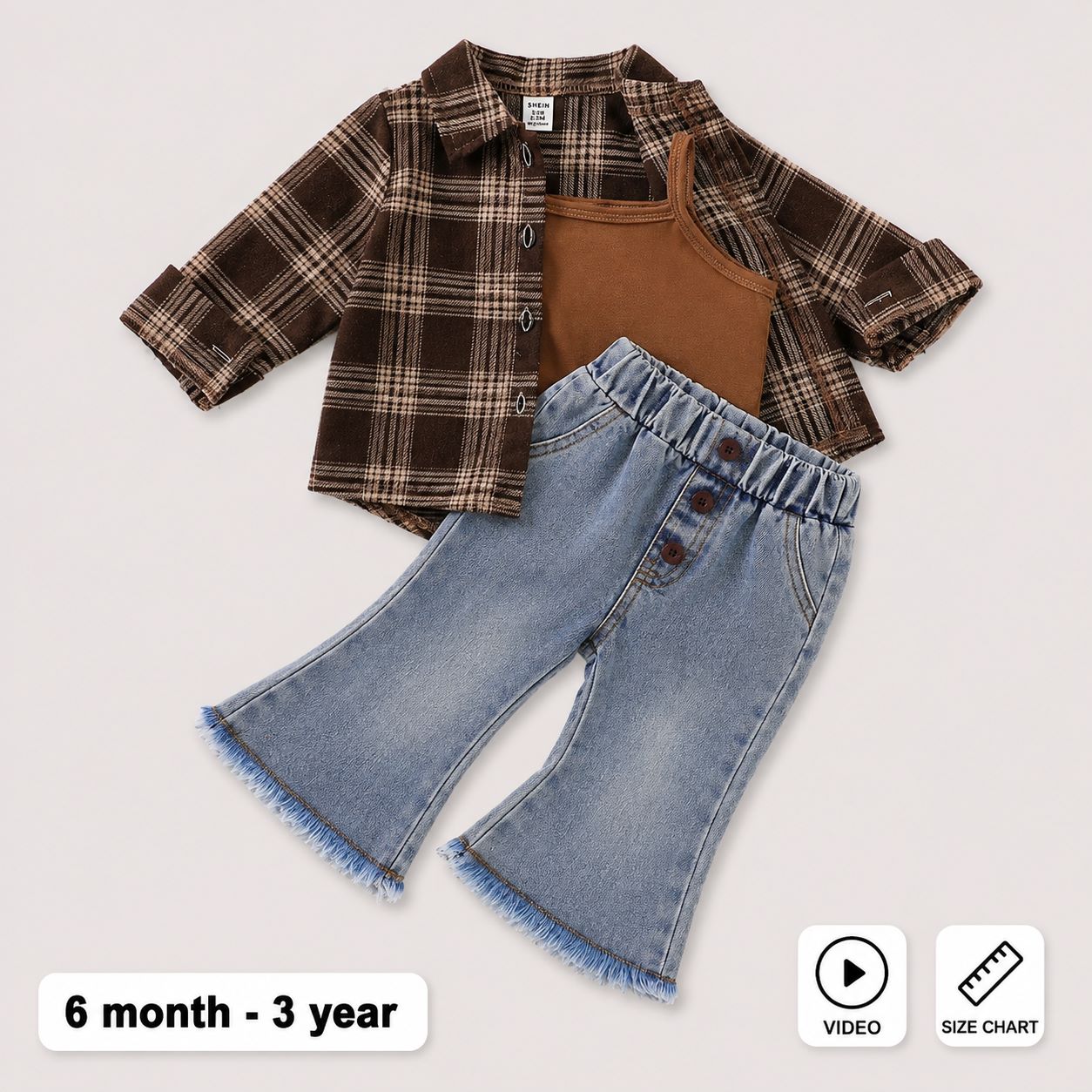 Girls Plaid Shacket Cami & Flare Denim 3 Piece Set