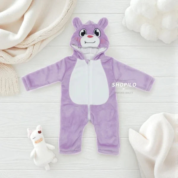 Flannel Baby Jumpsuit – Double Zipper Cute Animal Romper