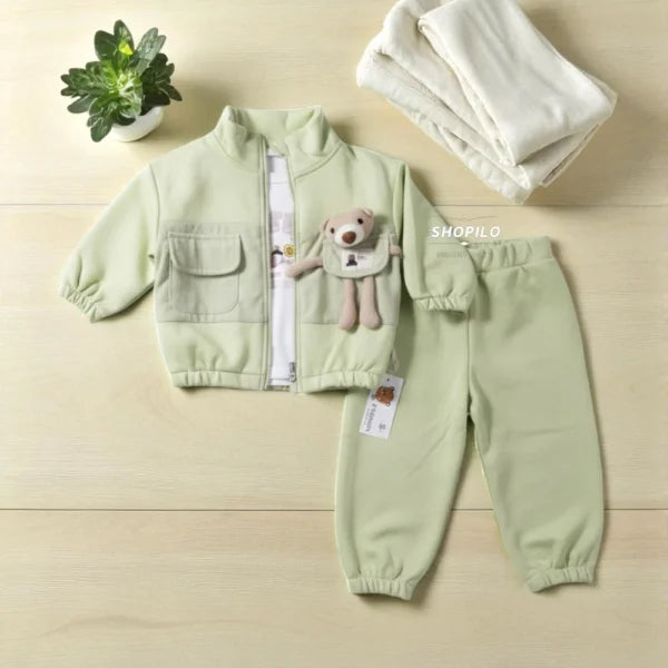 3 Piece Unisex Printed Tracksuit Cute 3D Plush Bear Accent