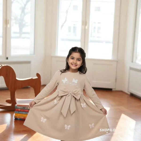 Adorable Cotton Blend Frock & Party Dress for Girls – Knee Length – 4 Sizes Beige