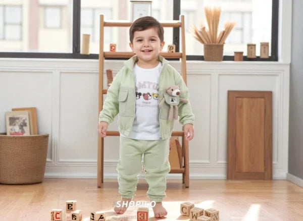 3 Piece Unisex Printed Tracksuit Cute 3D Plush Bear Accent