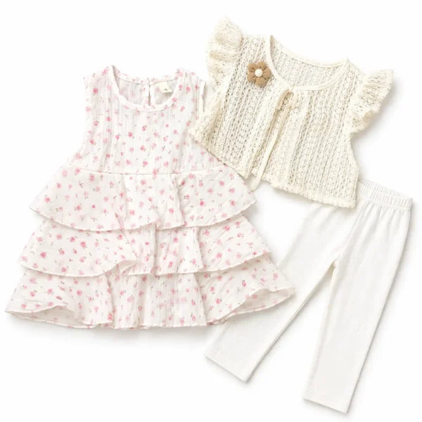3 Pc Floral Dress Set Detachable Flower Brooch 6M to 4Y