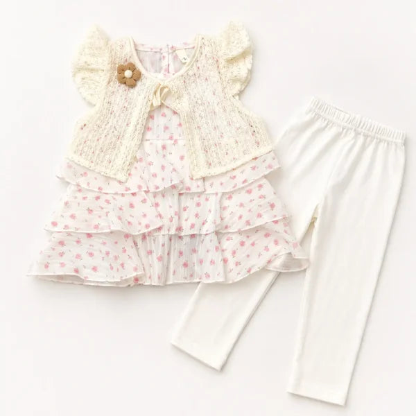 3 Pc Floral Dress Set Detachable Flower Brooch 6M to 4Y