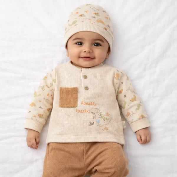 3 Piece Dinosaur Print Waffle Knit Set Two Color Options