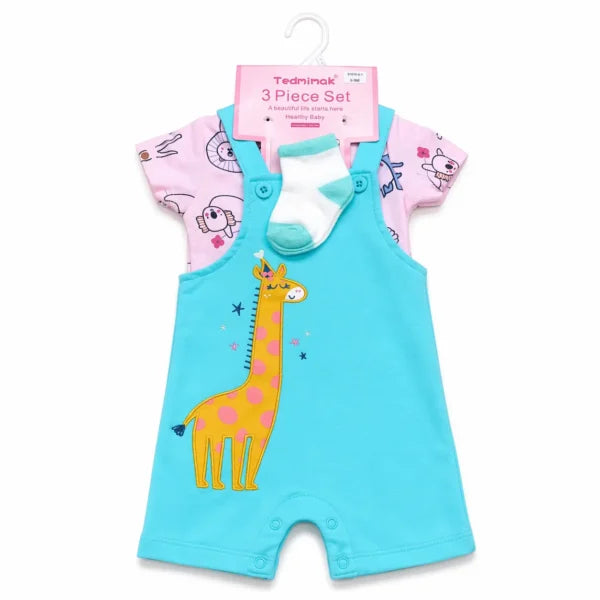 3 Piece Giraffe Romper Set T Shirt Dungaree & Socks 3 to 9M