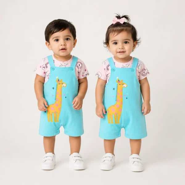 3 Piece Giraffe Romper Set T Shirt Dungaree & Socks 3 to 9M