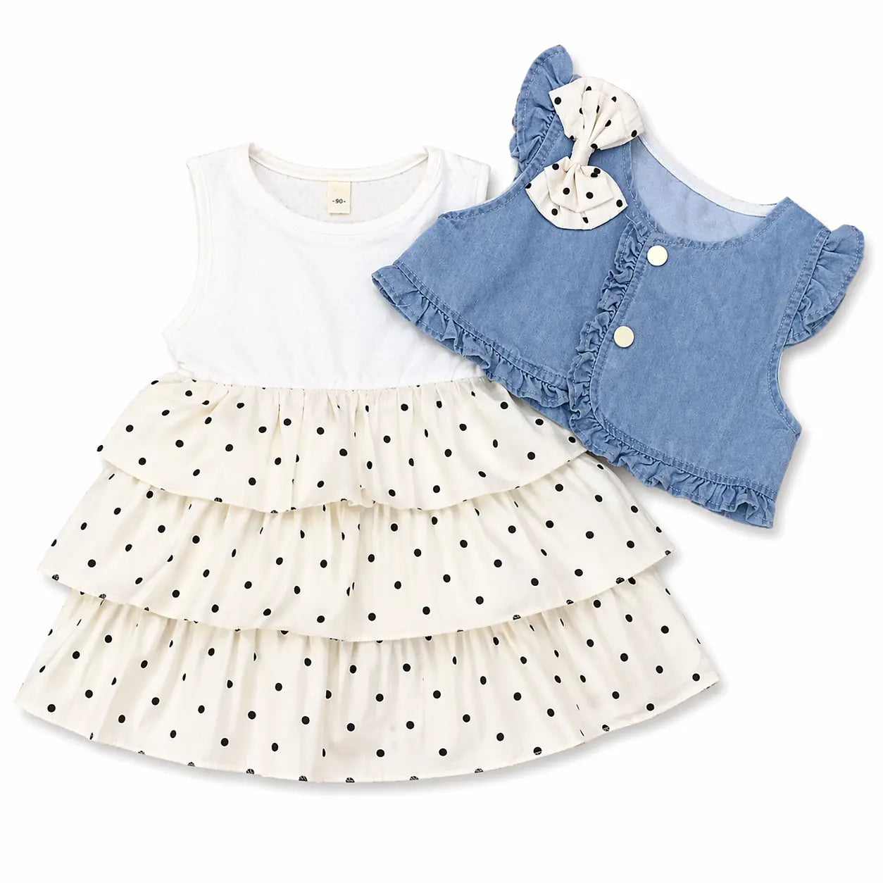 3 Pc Polka Dot Dress Denim Jacket Frock and Tights 12M to 5Y