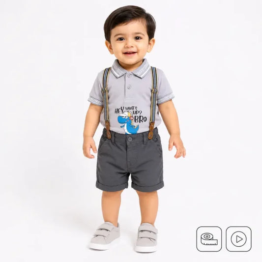 AM Dinosaur Grey Polo Shirt Suspender Shorts 0 to 3Y