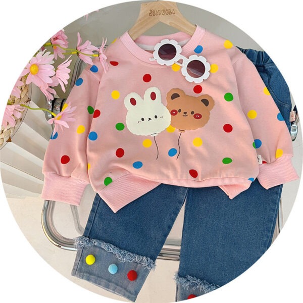 Autumn Korean Polka Dot Sweat Shirt & Denim Jeans Set