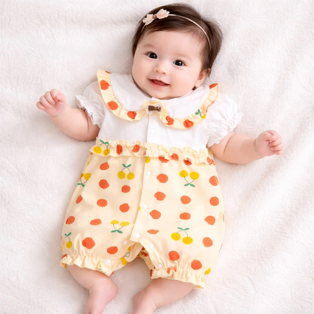 Baby Girl Fruit Print Romper with Peter Pan Collar – 6M TO 3Y