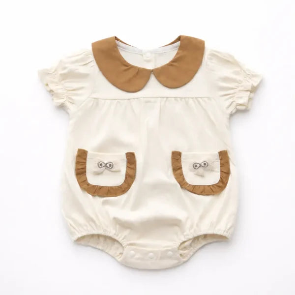 Baby Girl Peter Pan Collar Romper with Bow Pockets – 0 TO 24M