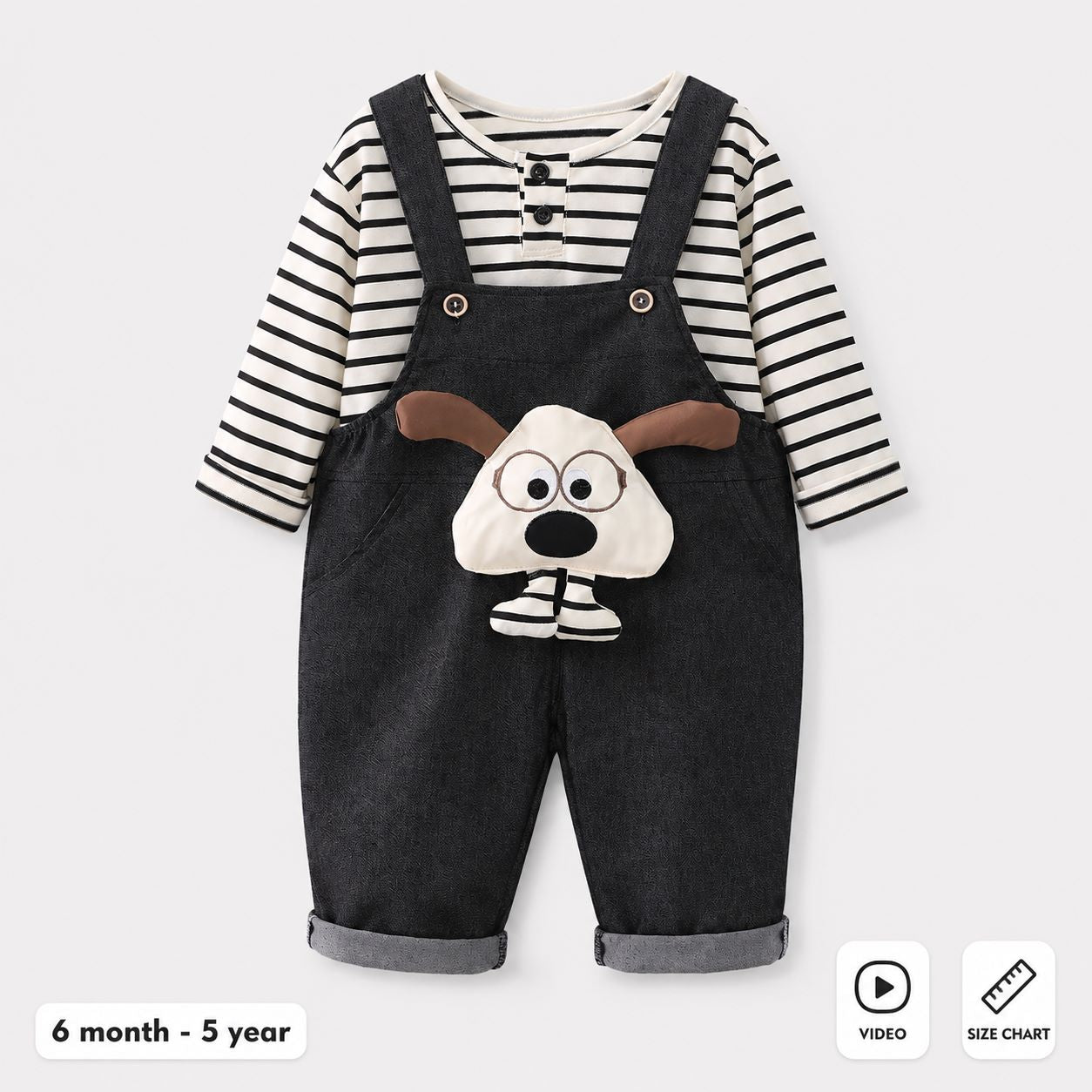 Baby Boys Grey Striped T-Shirt & Dog Print Dungaree Set