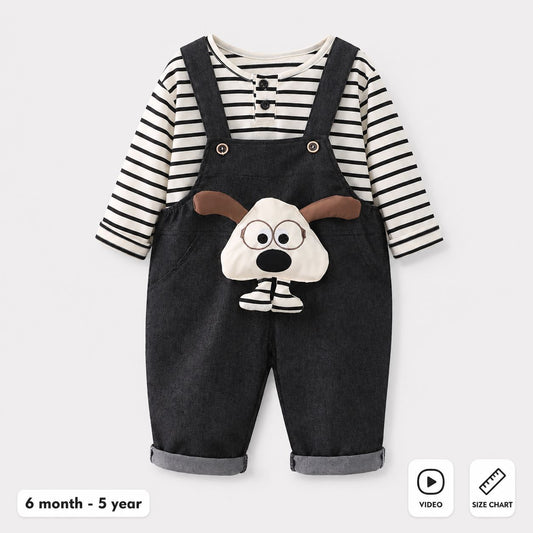 Baby Boys Grey Striped T-Shirt & Dog Print Dungaree Set