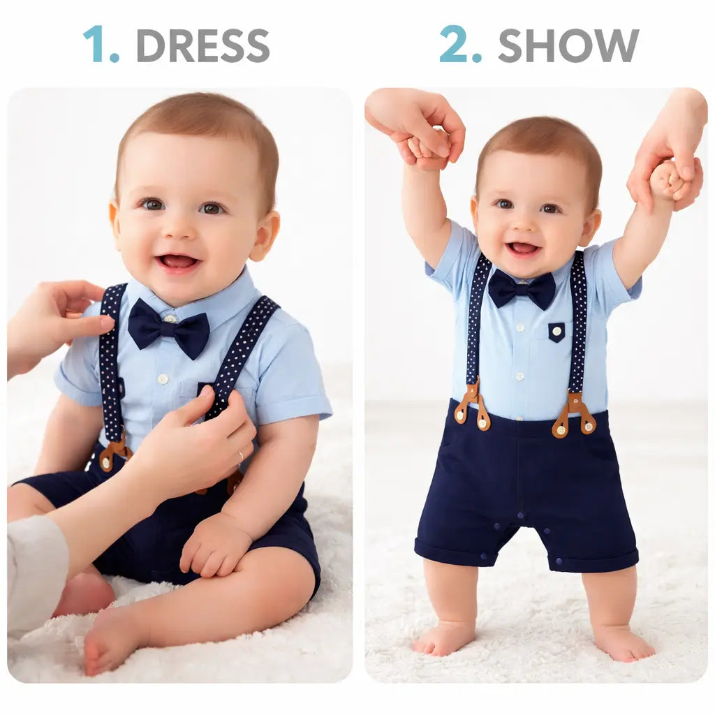 Baby Gentleman Romper Suit – Suspenders & Bow Tie (Imported) – 0 TO 18M how it looks