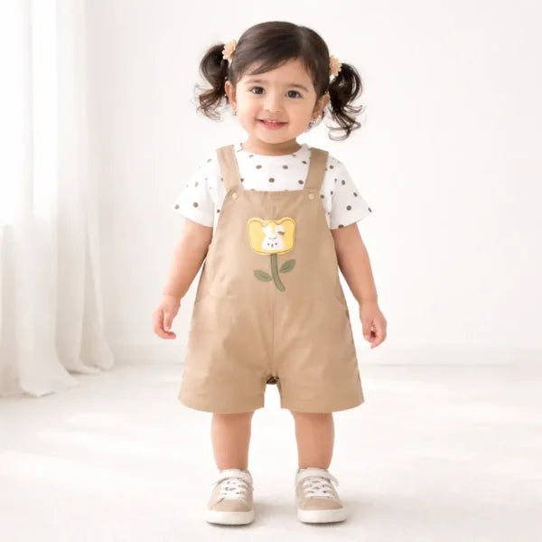 Beige Polka Dot Flower Dungaree Set Imported 6 to 24M
