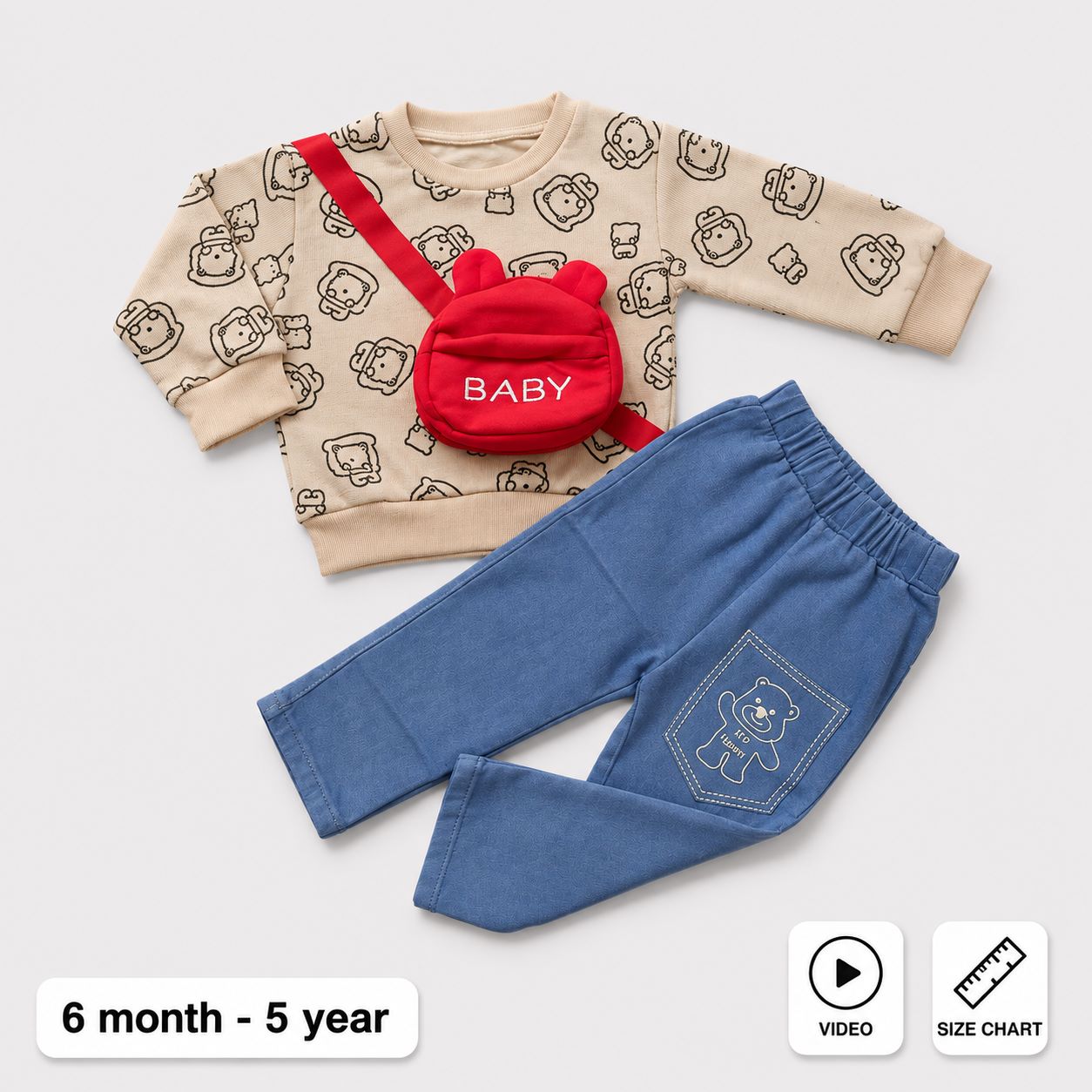 Cartoon Bear Print Sweatshirt & Denim Pants Set 2Pc Imported