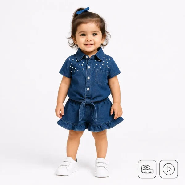 Denim Pearl Embellished Shirt & Ruffle Shorts 6M to 5Y