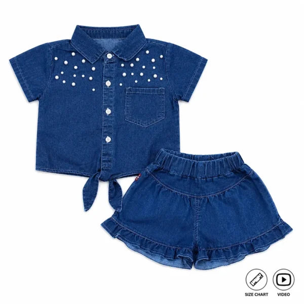 Denim Pearl Embellished Shirt & Ruffle Shorts 6M to 5Y