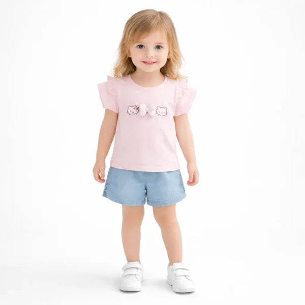 Flutter-Sleeve Pink T-Shirt & Denim Shorts (Imported) – 1 to 5Y
