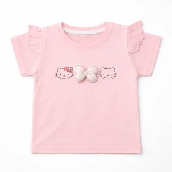 Flutter-Sleeve Pink T-Shirt & Denim Shorts (Imported) – 1 to 5Y