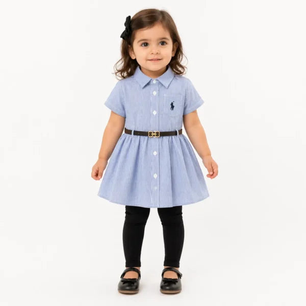 Girls 3 Pc Striped Frock Shirt Dress Belt & Tights 2 to 7Y