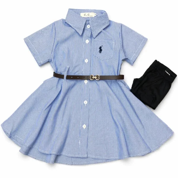 Girls 3 Pc Striped Frock Shirt Dress Belt & Tights 2 to 7Y