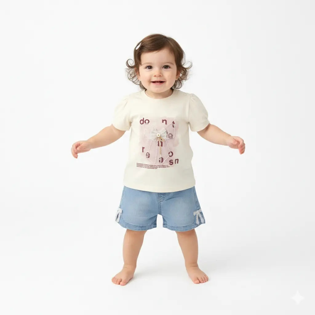 Girls White T-Shirt & Denim Shorts Outfit Set (Imported) – 1 to 5Y