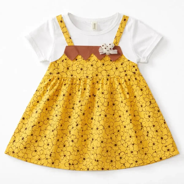 Mustard Floral Pinafore Frock & Tights for Summer 1 TO 5Y