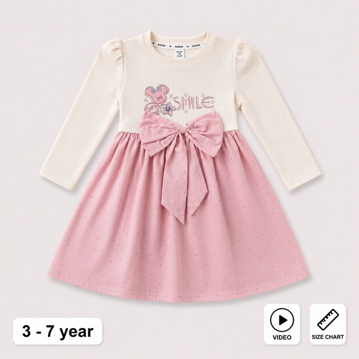 Girls Long Sleeve Bow Party Frock Pink & Off-White