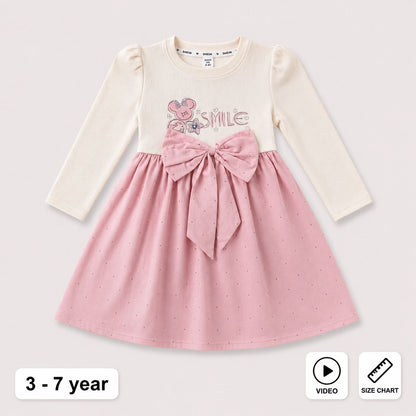 Girls Long Sleeve Bow Party Frock Pink & Off-White