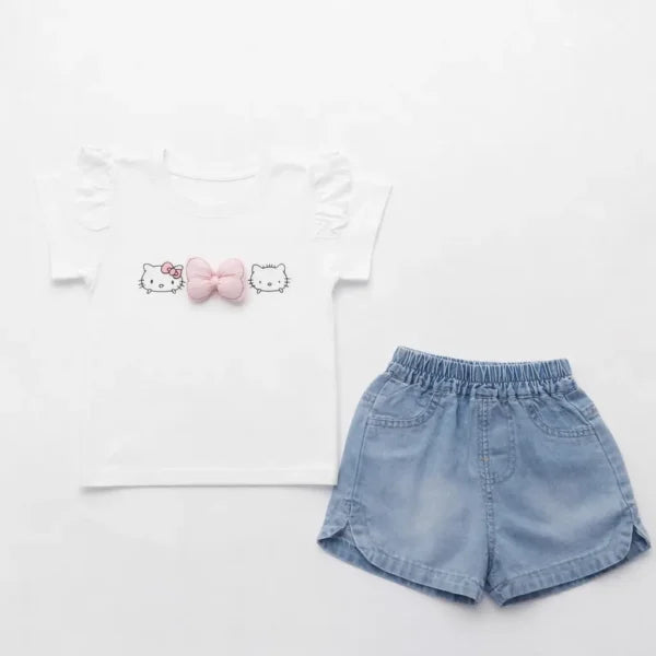 Hello Kitty Flutter-Sleeve T-Shirt & Denim Shorts (White) – 1 to 5Y
