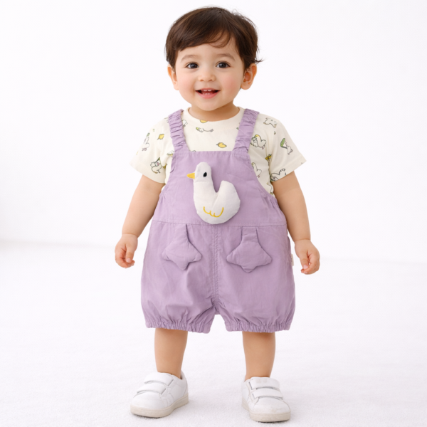 Imported Duck Print Dungaree Purple Romper Set 6M TO 4Y