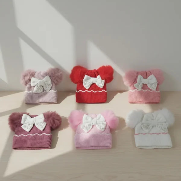 Imported Knitted Cap – Fur Ears & Pearl Bow (6M-24M) – 6 Colors