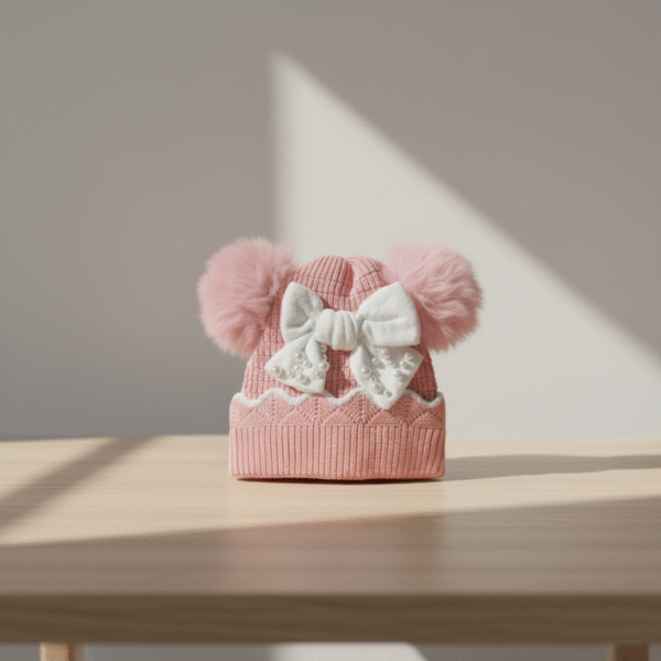 Imported Knitted Cap – Fur Ears & Pearl Bow (6M-24M) – 6 Colors