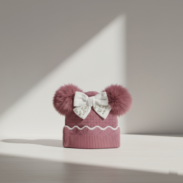 Imported Knitted Cap – Fur Ears & Pearl Bow (6M-24M) – 6 Colors