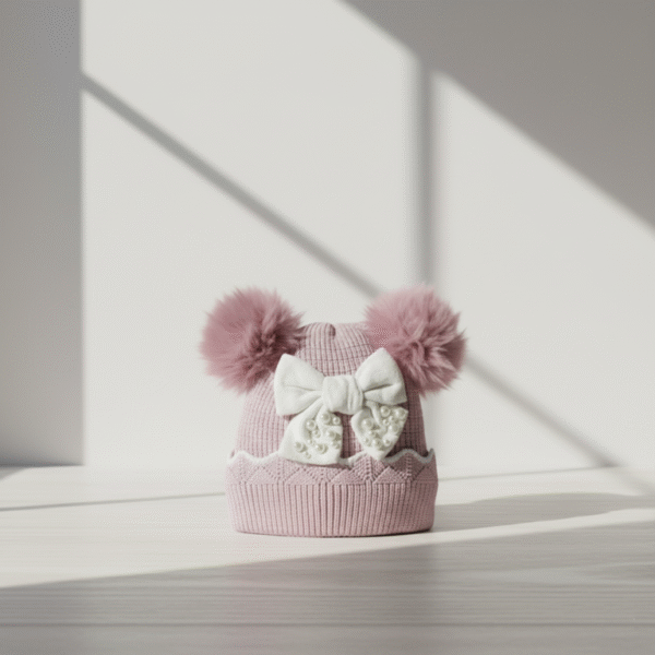Imported Knitted Cap – Fur Ears & Pearl Bow (6M-24M) – 6 Colors