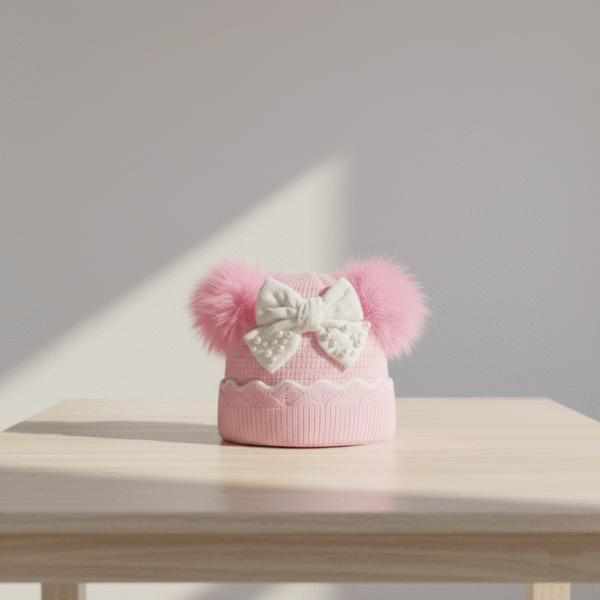 Imported Knitted Cap – Fur Ears & Pearl Bow (6M-24M) – 6 Colors