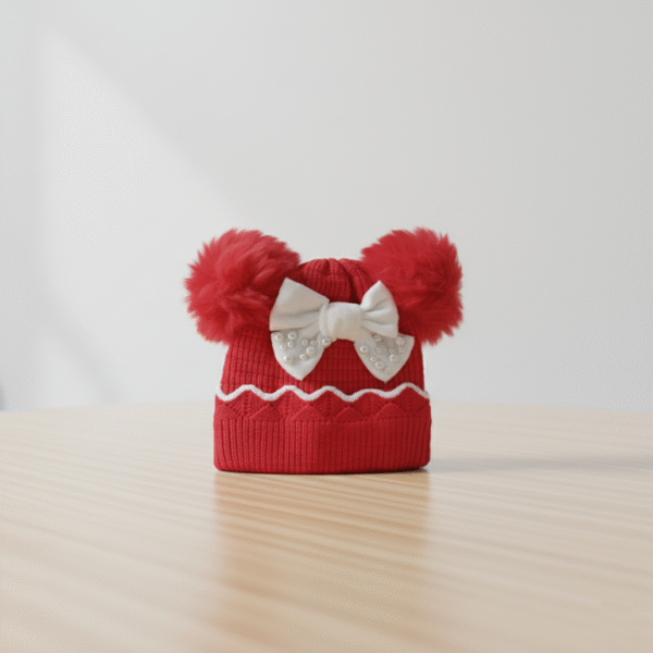 Imported Knitted Cap – Fur Ears & Pearl Bow (6M-24M) – 6 Colors