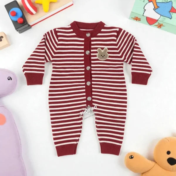 Imported Knitted Romper for Winters Cute Teddy Patch 0 to 24M