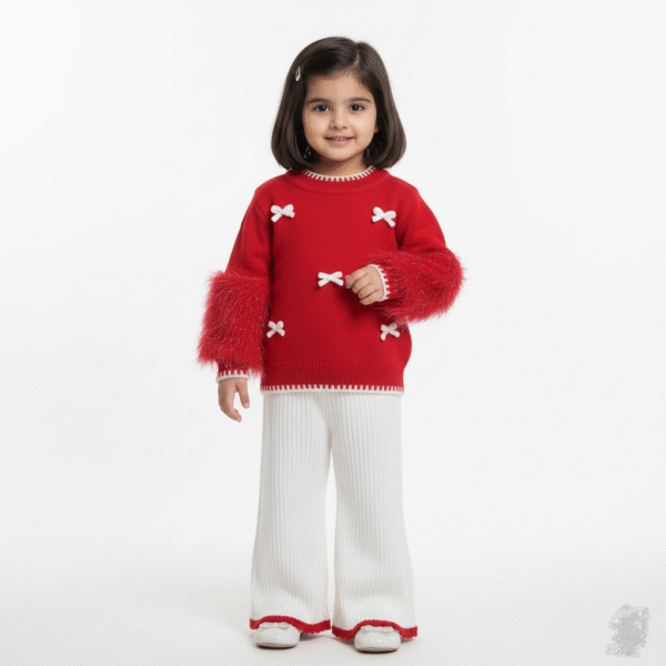 Imported Red & White Stylish Outfit for Girls – Bow Accents and Furry Sleeves