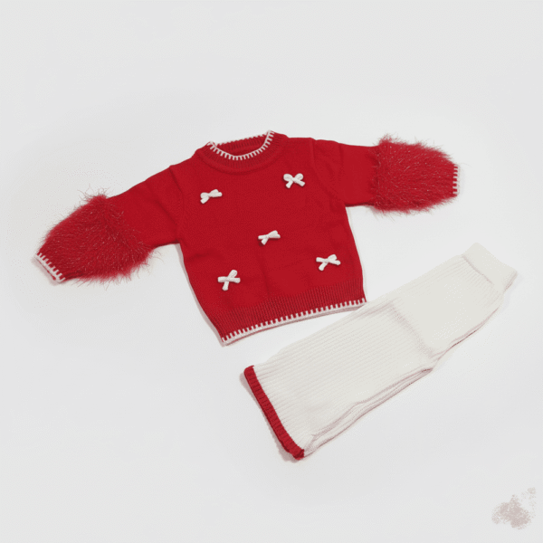 Imported Red & White Stylish Outfit for Girls – Bow Accents and Furry Sleeves