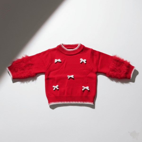 Imported Red & White Stylish Outfit for Girls – Bow Accents and Furry Sleeves