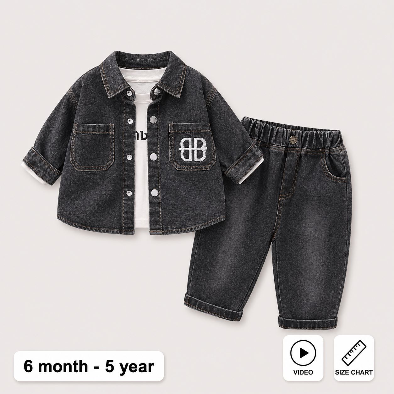 Imported 3-Piece Charcoal Black Denim Outfit Set Autumn Spring