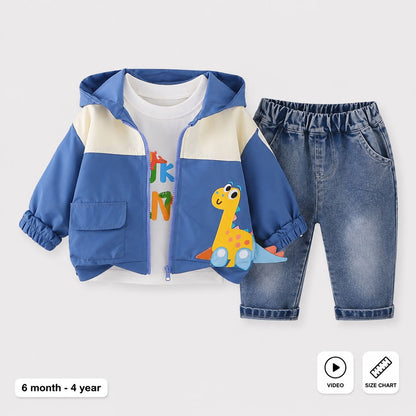 Imported 3-Piece Dino Denim Set with Hoodie for Toddler Boys
