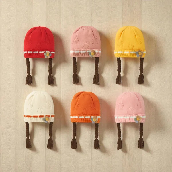Knitted Woolen Cap with Braided Hair (12- 36M) – Floral Patch – Soft & Warm