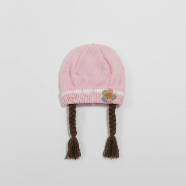 Knitted Woolen Cap with Braided Hair (12- 36M) – Floral Patch – Soft & Warm