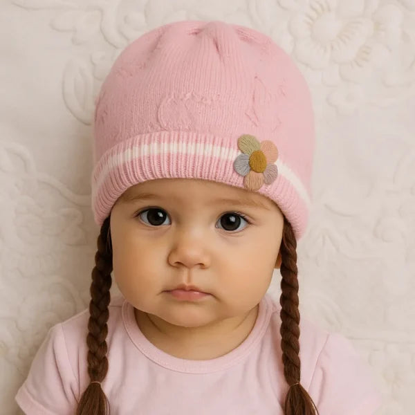 Knitted Woolen Cap with Braided Hair (12- 36M) – Floral Patch – Soft & Warm