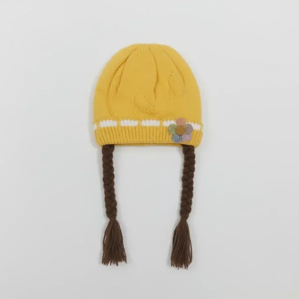 Knitted Woolen Cap with Braided Hair (12- 36M) – Floral Patch – Soft & Warm