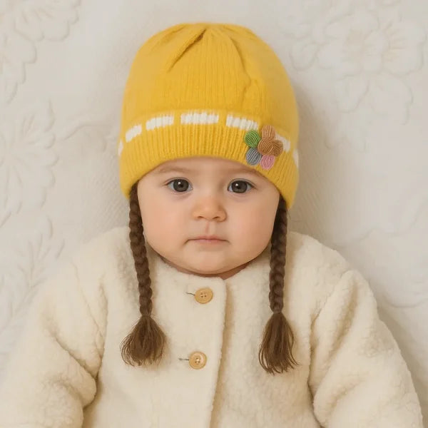 Knitted Woolen Cap with Braided Hair (12- 36M) – Floral Patch – Soft & Warm