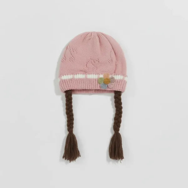 Knitted Woolen Cap with Braided Hair (12- 36M) – Floral Patch – Soft & Warm